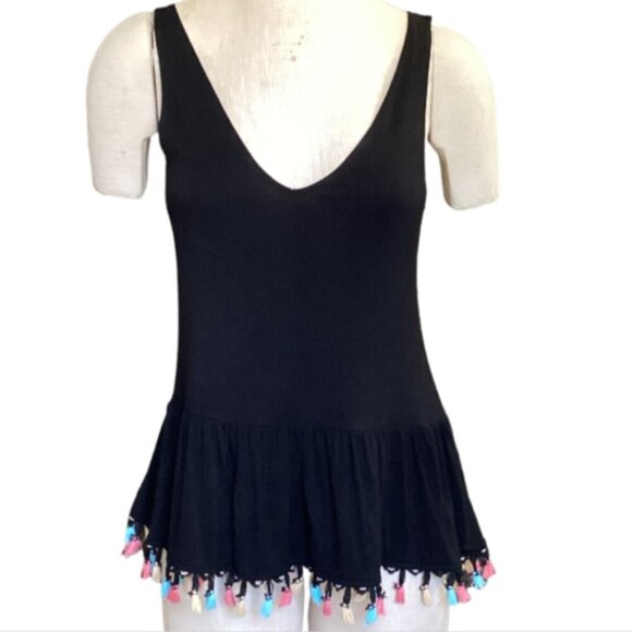 The Vanity Room Tops - The Vanity Room V-Neck Peplum Tank Top with Rainbow Fringe Hem S Black 98H